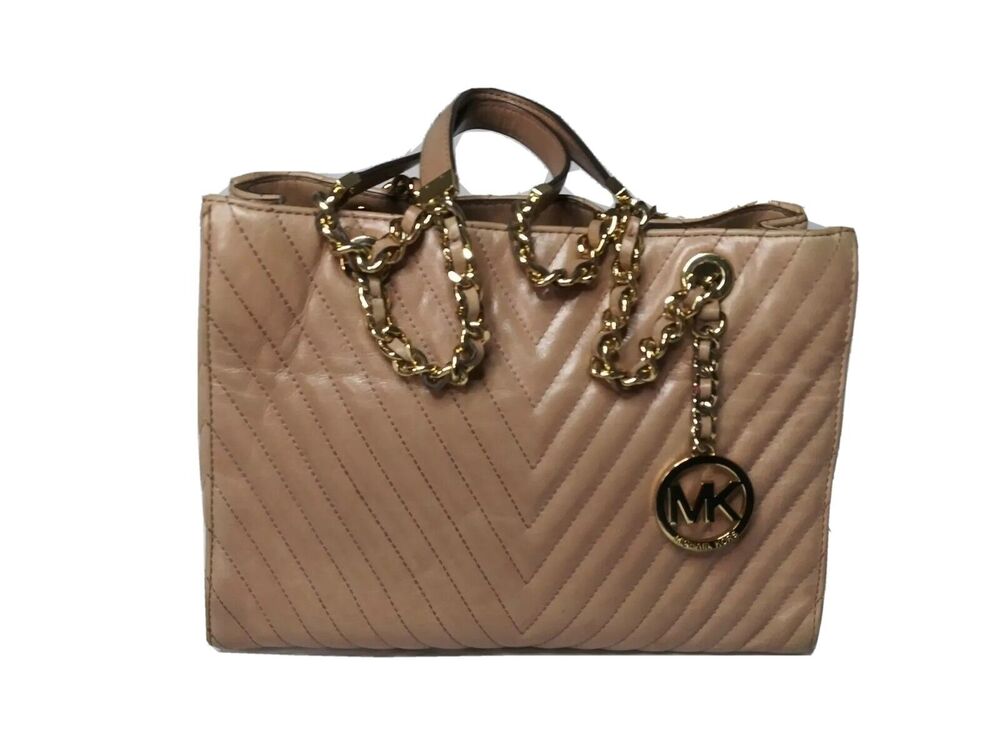 Vintage Michael Kors Susannah Chevron Quilted Shoulder Tote Rose Brown Y2K